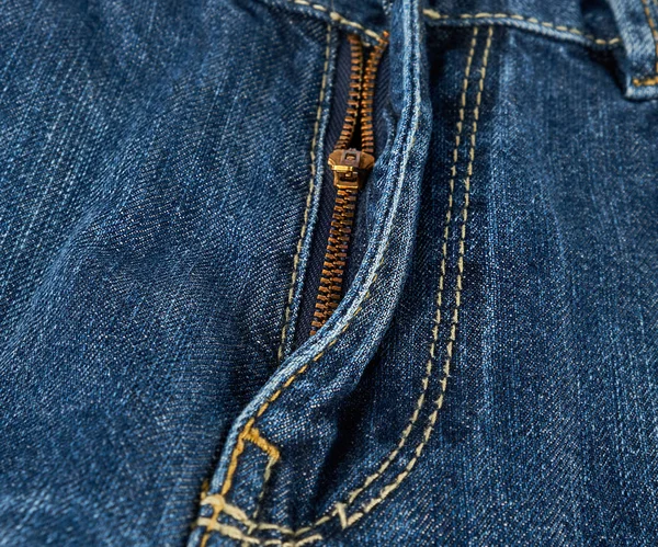 Ferro Zíper Amarelo Mosca Jeans Azul Close — Fotografia de Stock