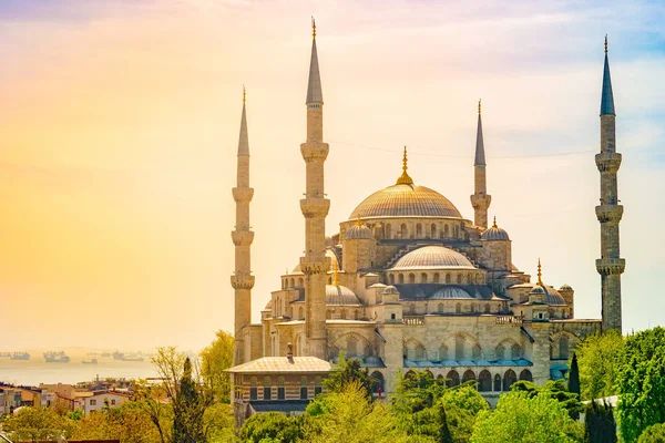 Minarets Domes Blue Mosque Bosporus Marmara Sea Background Istanbul Turkey — Stock Photo, Image