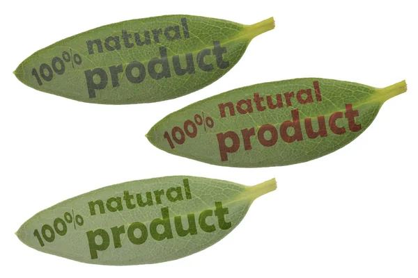 Drie Groene Bladeren Met Inscriptie 100 Natuurlijk Product Verschillende Tinten — Stockfoto