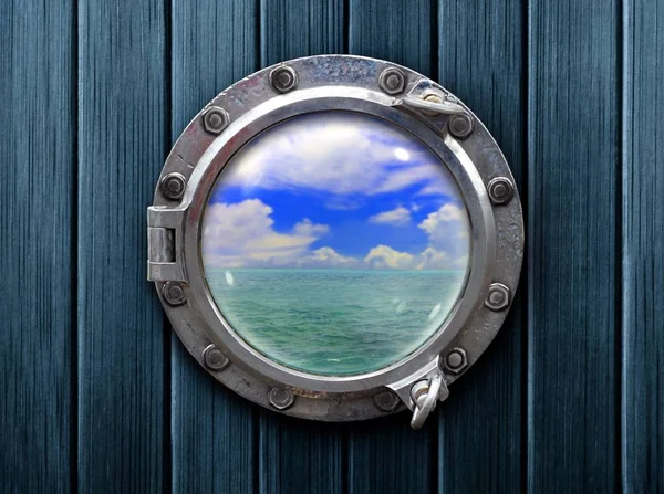 Porthole Navio Com Parede Madeira Vista Para Mar — Fotografia de Stock