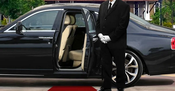 Limo Driver Standing Next Opened Car Door Red Carpet — Stock Photo, Image