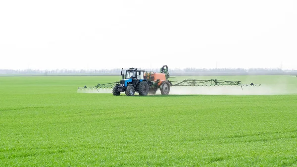 Traktor Vysoká Kola Dělá Hnojivo Mladé Pšenice Používání Chemických Látek — Stock fotografie