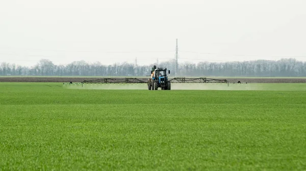 Traktor Mit Hohen Rädern Macht Dünger Auf Jungen Weizen Die — Stockfoto