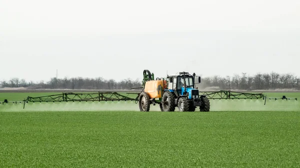 Traktor Mit Hohen Rädern Macht Dünger Auf Jungen Weizen Die — Stockfoto