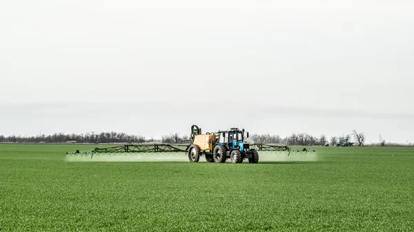 Traktor Mit Hohen Rädern Macht Dünger Auf Jungen Weizen Die — Stockfoto