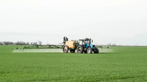 Traktor Vysoká Kola Dělá Hnojivo Mladé Pšenice Používání Chemických Látek — Stock fotografie