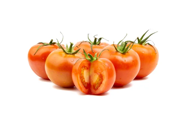 Tomaten Nahaufnahme Auf Weißem Hintergrund Selektiver Fokus Und Pflanzenfragmente — Stockfoto