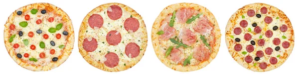 Pizzas Pizza Uma Colagem Coleção Linha Cima Isolada Fundo Branco — Fotografia de Stock