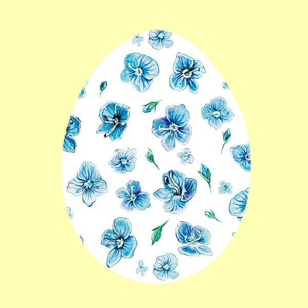Huevo Pascua Blanco Sobre Fondo Amarillo Con Patrón Flores Huevo —  Fotos de Stock
