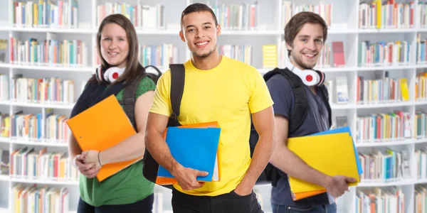 Estudiantes Universitarios Estudiantes Jóvenes Estudian Biblioteca Banner Educación Sonriendo Feliz —  Fotos de Stock