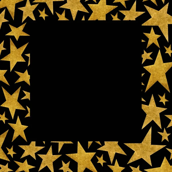Čtvercový Rám Kovovými Zlatými Hvězdami Černém Pozadí Šablona Místem Pro — Stock fotografie