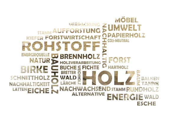 Word cloud cut out with wood as background and relevant german keywords on the subject of raw material wood