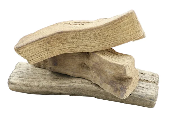 Zbliżenie Trzech Małych Kawałków Drewna Izolorowane Białym Tle — Zdjęcie stockowe