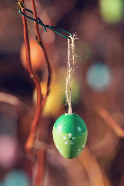 Pendurando Ovos Páscoa Árvore Com Bokeh Foco Macio Tonificada Cor — Fotografia de Stock