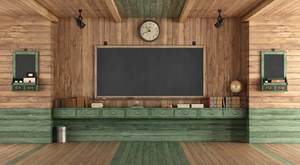 木製の壁に対する黒板とレトロなスタイルの空の教室 レンダリング — ストック写真