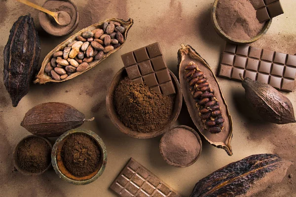 Colección Chocolate Vaina Cacao Dulce Caramelo Postre Sobre Papel Natural — Foto de Stock