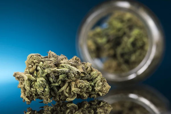 Cbd Concept Medical Marijuana Cannabis Blue Background — Stock Photo, Image