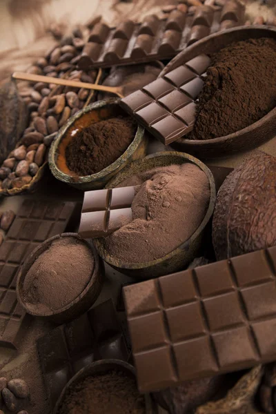 코코아 꼬투리와 초콜릿바 그리고 디저트 — 스톡 사진