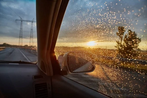 Besturen Van Een Auto Regen Binnenaanzicht Van Passagiersstoel — Stockfoto