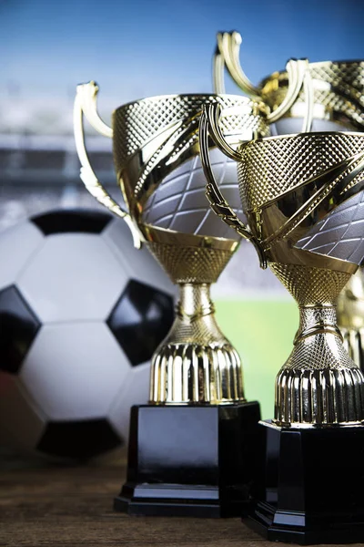 Copas Premios Ganadores Podio Blanco Fondo Deportivo —  Fotos de Stock