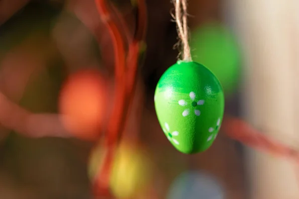 Hanging Easter Eggs Tree Soft Focus Bokeh Color Toned Spring — Stock Photo, Image