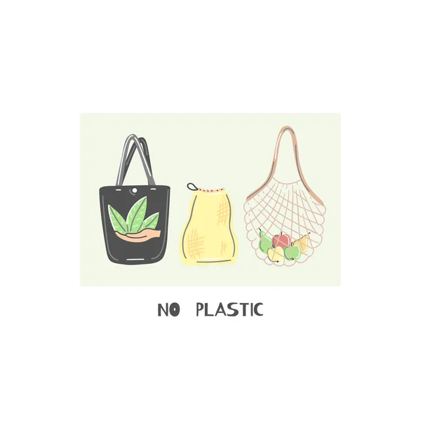プラスチックではなく 布やストリングバッグ 廃棄物ゼロライフスタイル 環境に優しい 地球を救え 自然を大事に ビーガンだ 緑に行け 再利用 リサイクル — ストック写真