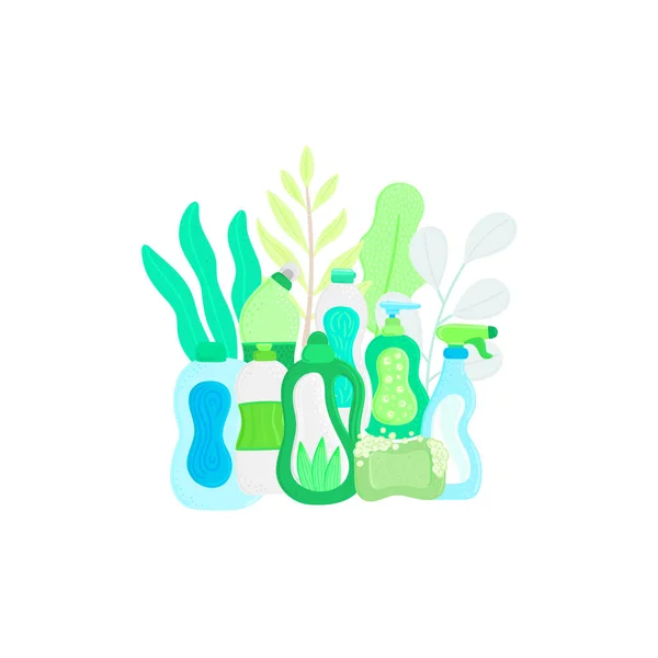 Eco friendly household cleaning supplies in leaves. Natural detergents. Products for house washing. Non chemical cleaners. Green home. Flat design. Banner, leaflet, brochure, lable, package. Vector