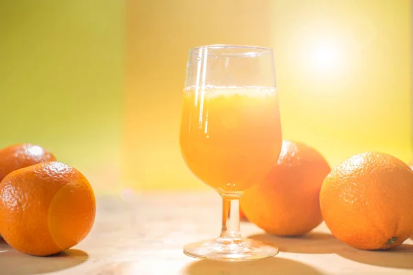 Glass Fresh Orange Juice Fresh Fruits Wooden Table Healthy Concept — Stock Photo, Image