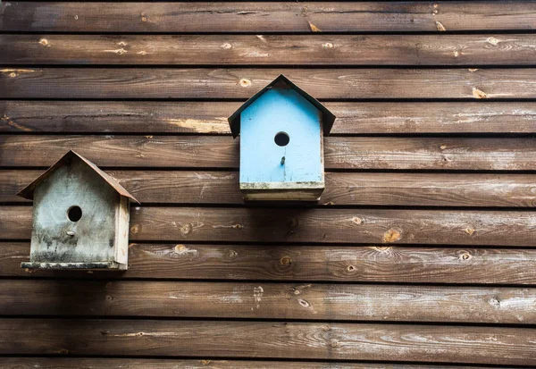 Ahşap Kuş Kutuları Veya Kuş Evleri Tahta Bir Duvar Arka — Stok fotoğraf