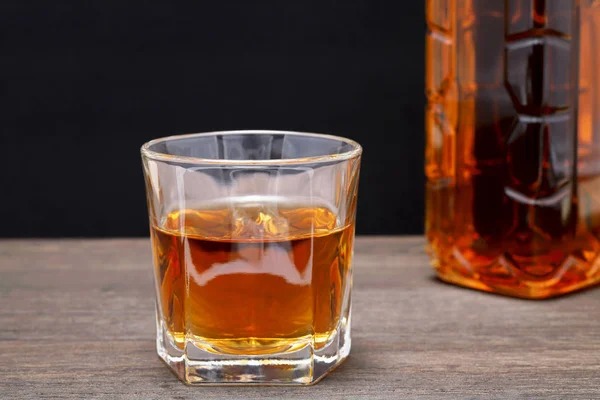 Glass Cup Bottle Whiskey Old Wooden Table — Stock Photo, Image