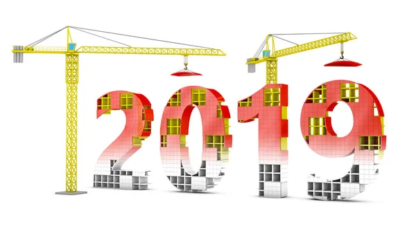 Zwei Turmdrehkrane Bauen Eine Volumetrische Zahl Für 2019 Darstellung — Stockfoto