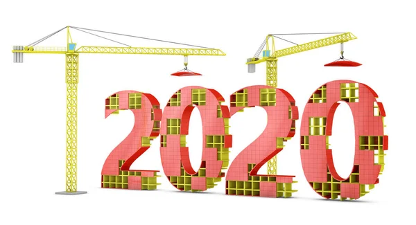 Zwei Turmdrehkrane Bauen Eine Volumetrische Zahl Von 2020 Darstellung — Stockfoto