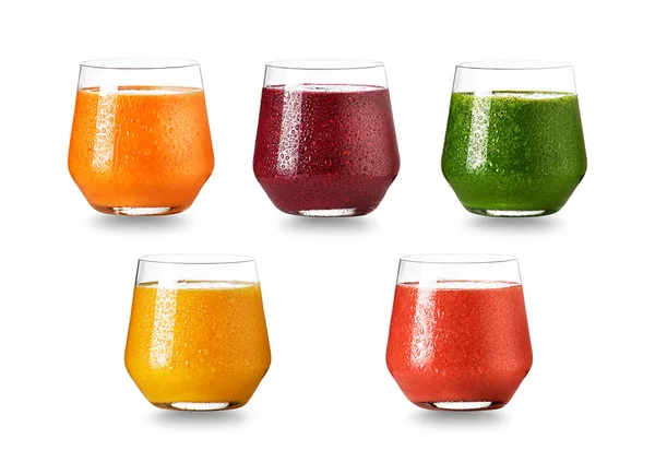 Collage Glas Fruktjuice Och Hälsa Smoothie Isolerad Vitt Hälsosam Sommar — Stockfoto