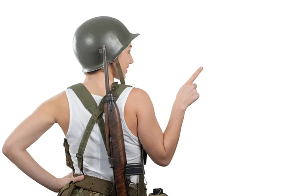 Atrás Ver Mujer Joven Vestida Con Uniforme Militar Ww2 Americano — Foto de Stock