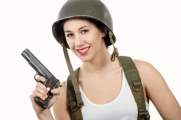 Una Bonita Joven Vestida Con Uniforme Militar Americano Ww2 Con — Foto de Stock