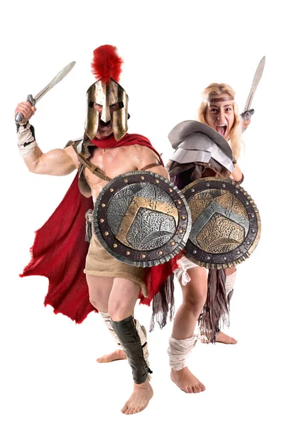 Oude Krijger Gladiator Paar Poseren Een Witte Achtergrond — Stockfoto