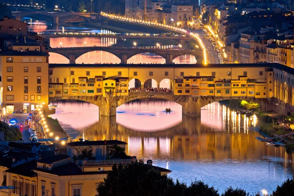 Florence Stadsgezicht Arno Bruggen Zonsondergang Uitzicht Rivier Ponte Vecchio Toscane — Stockfoto
