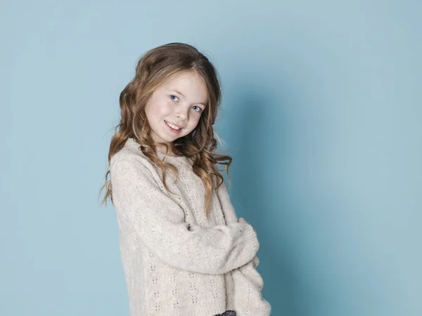 Pretty Cool Year Old Girl Brown Wool Sweater Posing Front — Stock Photo, Image