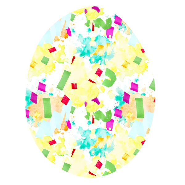 Easter egg with multi-colored spots. Abstract background with bright geometric shapes and watercolor stains, limited to egg shapes on a white background. Neon stylish youth colors.