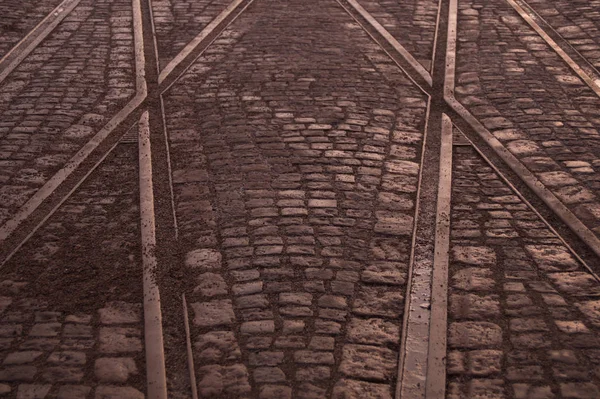 Traversée Des Rails Tramway Sur Fond Chaussée Pierre — Photo