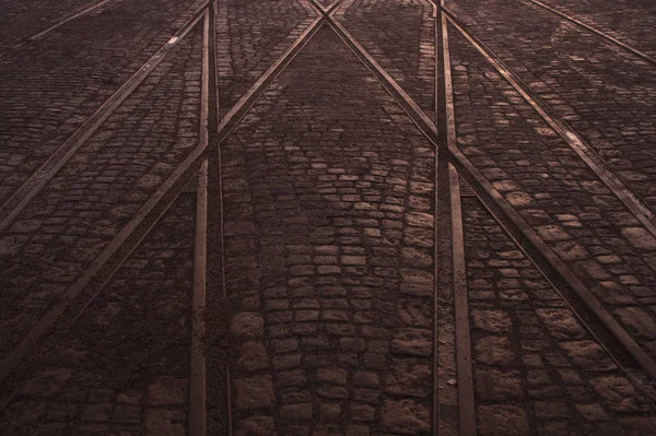 Traversée Des Rails Tramway Sur Fond Chaussée Pierre — Photo