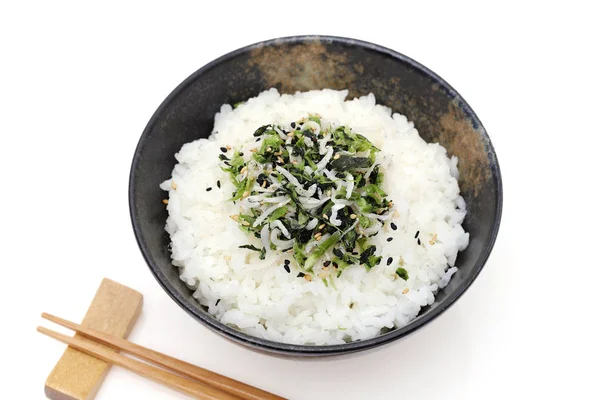 Comida Japonesa Shirasu Takana Vegetal Sobre Arroz Blanco Cocido — Foto de Stock