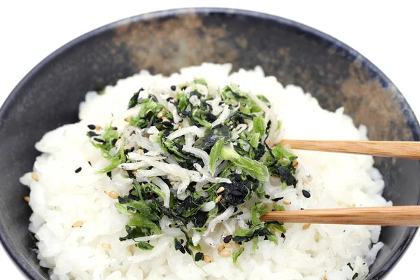 Comida Japonesa Shirasu Takana Vegetal Sobre Arroz Blanco Cocido — Foto de Stock