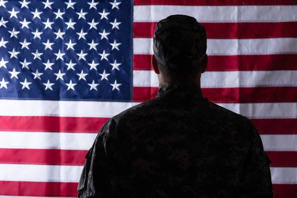 Rear View Soldier Front Flag — Stock Photo, Image