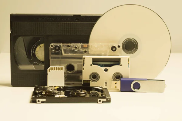 Various media types. compact disc. memory card. video and audio cassette. usb flash drive. media types evolution