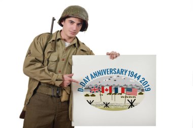 young American soldier with M1 helmet shows a signs clipart