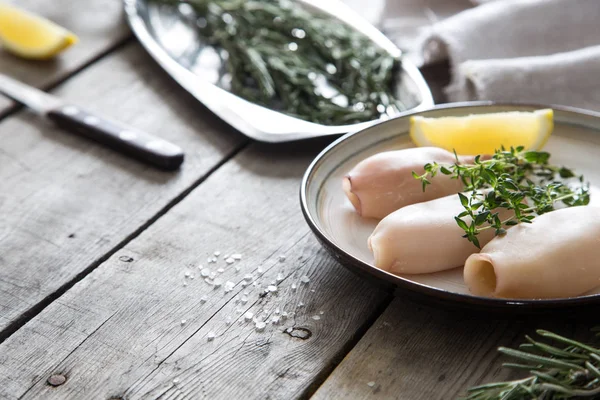 Preparation Raw Squid Ingredients Table — Stock Photo, Image