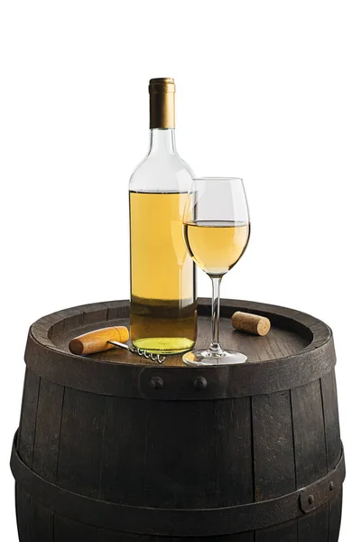 Copa Botella Vino Blanco Sobre Fondo Barril Madera Aislado Sobre — Foto de Stock