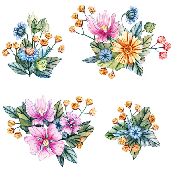 Illustration Aquarelle Avec Des Bouquets Fleurs Sauvages Pour Mariage Carte — Photo