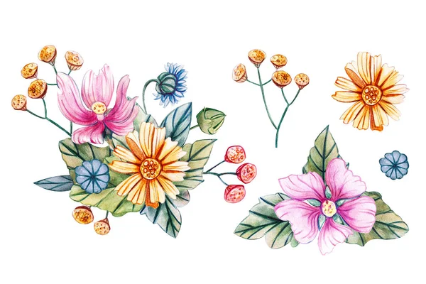 Illustration Aquarelle Avec Des Bouquets Fleurs Sauvages Pour Mariage Carte — Photo